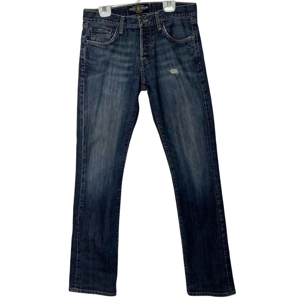 Lucky Brand 221 Straight Distressed Jeans Vintage Wash Raw Hem 30x34 Button Fly